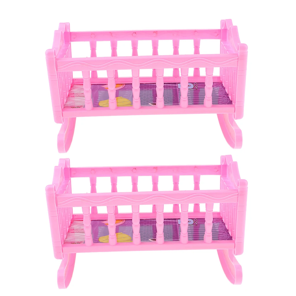 2pcs Cute Plastic Rocking Bed Nursery Room Furniture Accessory for 20cm Baby Dolls Pretend Play Pink