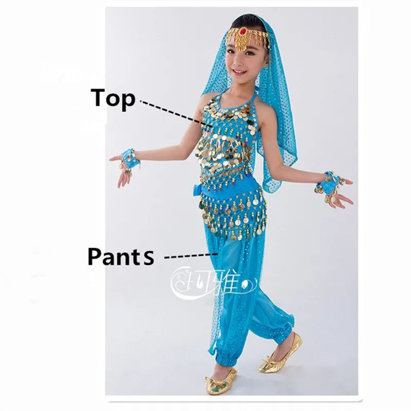 Детский костюм для танца живота, карнавал, Египетский костюм с поясом, детская одежда для индийского танца, одежда для девочек, комплект одежды для танца живота для выступлений в Болливуде - Цвет: Light Blue 2PCS