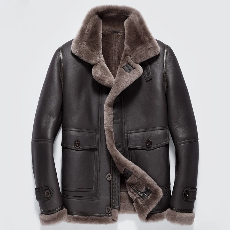 Genuine sheepskin leather jacket men winter thick warm sheep shearing