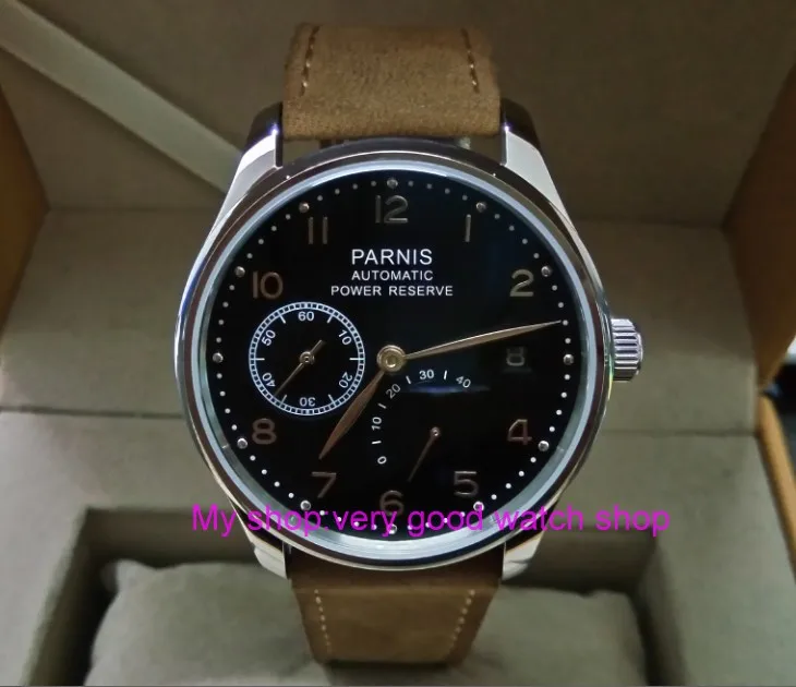 

43mm PARNIS Black dial Automatic Self-Wind Mechanical movement men's watch Auto Date power reserve Mechanical watches 206A