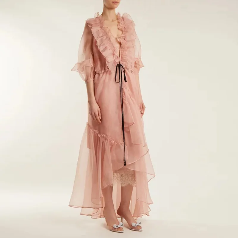 

LANMREM 2019 Summer New Fahsion Sweet Solid Half Butterfly Sleeve V Collar Irregular Layer Ruffles High Waist Women Dress EF432