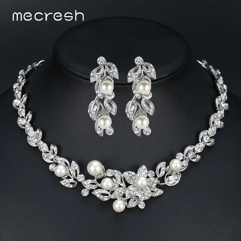 

Mecresh Simulated Pearl Bridal Jewelry Sets Silver Color Crystal Necklace Earrings Sets Wedding Jewelry Christmas Gift TL351