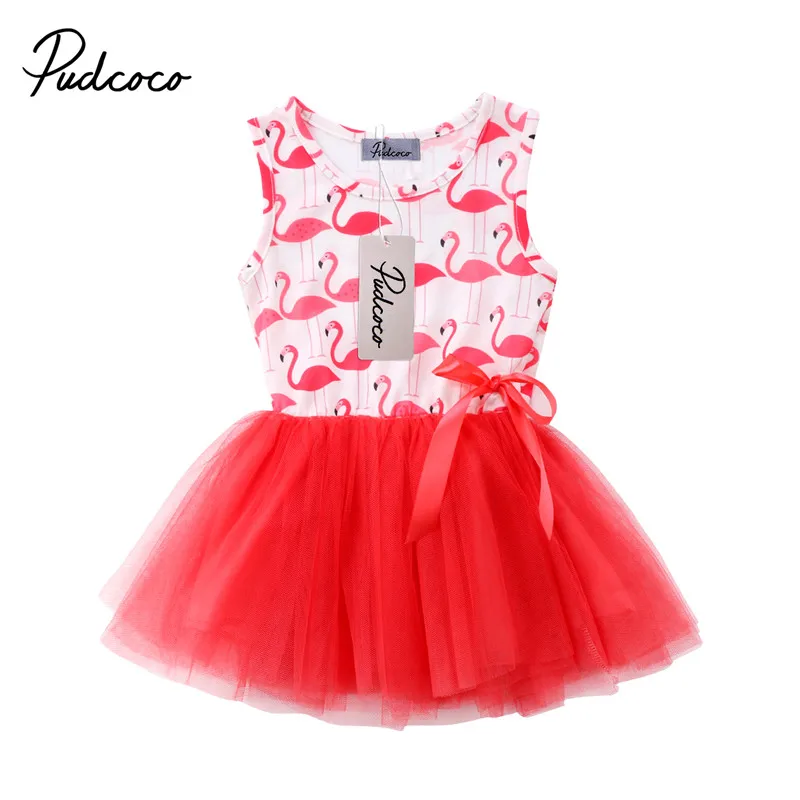 

Newborn Baby Girls Sleeveless Princess Dresses Flamingo Print Sundress Summer Lace Tulle Party Dress