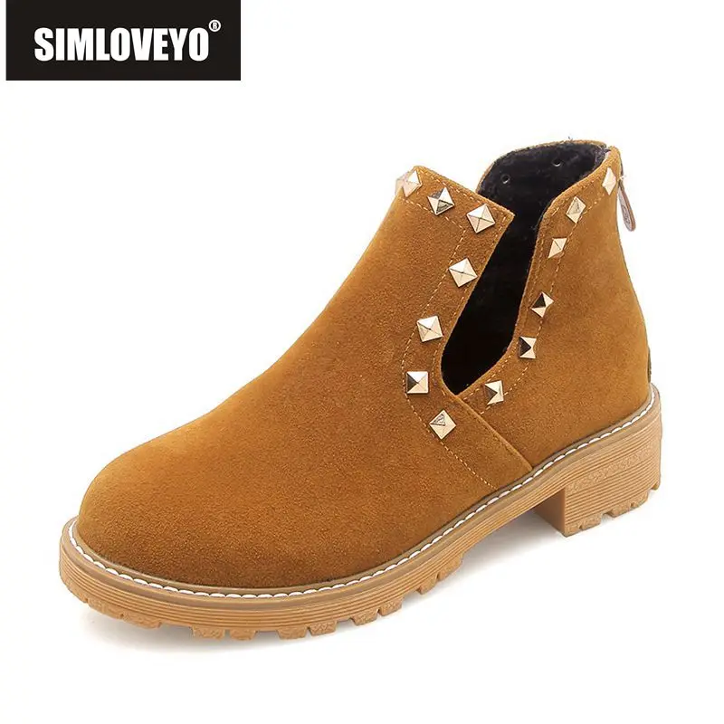 

SIMLOVEYO Flock Ankle Boots for Women flat Plus Size 34-43 anti-slip Zipper Rivet boots Female Shoes Women Botas feminina B995