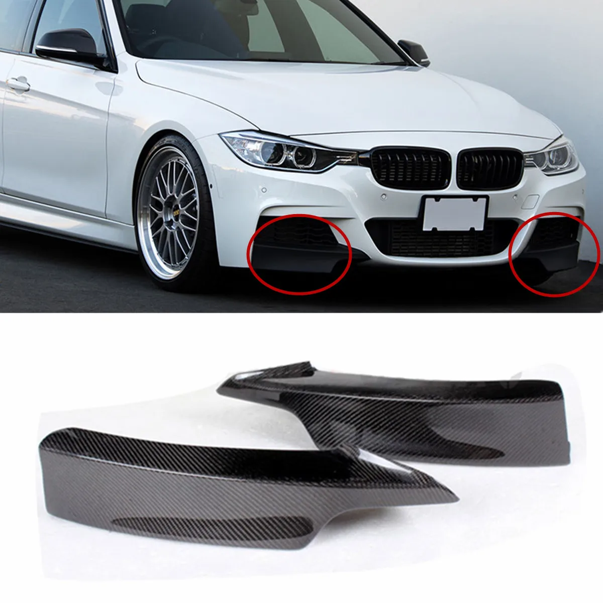 

2Pcs Black Real Carbon Fiber Car Front Bumper Splitter Spoilers for BMW F30 3 Series Sedan Models 2012-2014 With M-Tech Bumpers