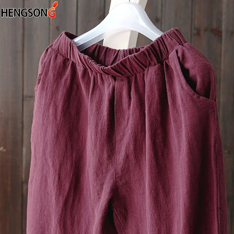 wine red Хлопковые и льняные женские брюки, летние свободные повседневные штаны, женские длинные штаны, Модные шаровары - Цвет: wine red