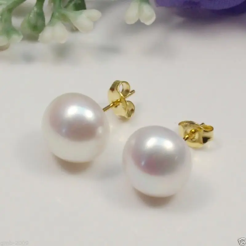 

women's 11-12mm Natural White Cultural Freshwater Pearl Stud Earrings ^^@^Noble style Natural Fine jewe FR