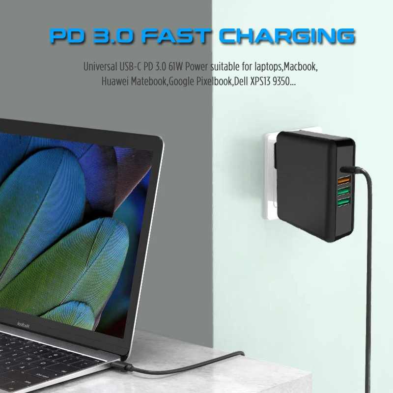Зарядное устройство STOD PD USB 61 Вт 4 порта Тип C Быстрая зарядка 3,0 Быстрая зарядка для iPhone Xr Xs Max iPad Pro Macbook Samsung Galaxy S10 S9 Note 9 8 Huawei Matebook Mi 9столы ноутбук USB-C QC3.0 адаптер питания