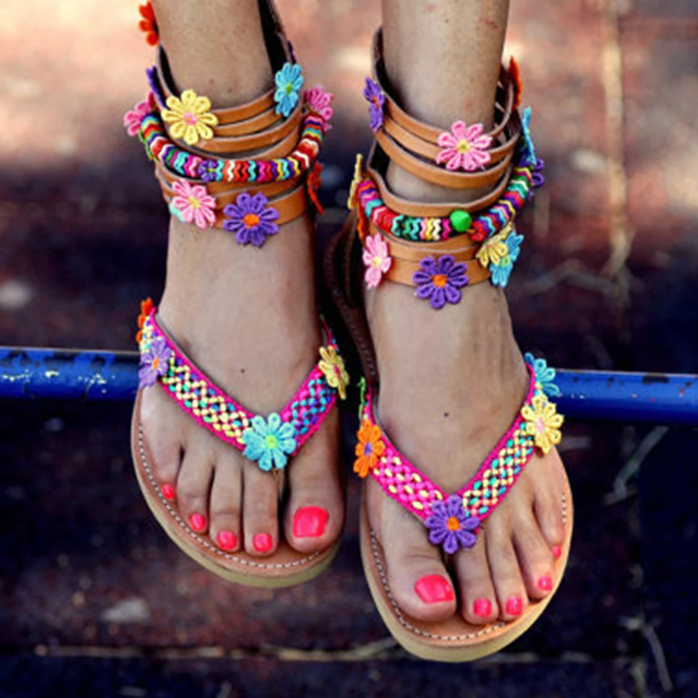 النساء الصنادل بوهيميا الوجه يتخبط الشقق 2019 الصيف المصارع روما أحذية سيدة الكاحل حزام Chaussures فام زهرة Sandalias موهير