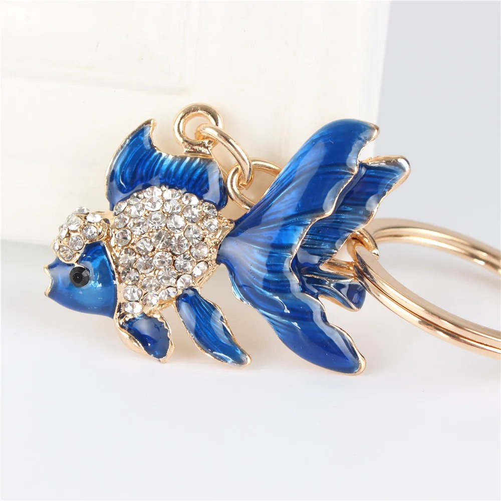 Lovely Blue Goldfish Fish Cute Crystal Charm Purse Handbag Car Key Keyring Keychain Party