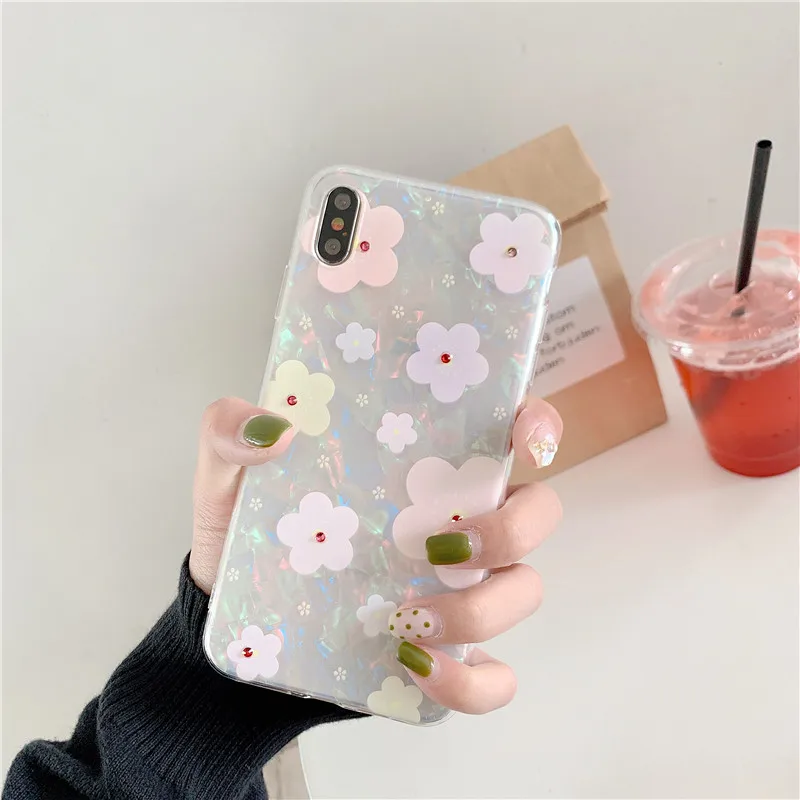 

Fresh Flower Conch Shell Phone Case for Iphone 8Plus Xs Max X Xr Coque Glitter Diamond Drop Glue Case for Iphone 7 6 6S Plus