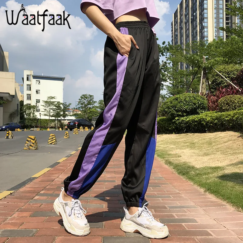 

Waatfaak Harem Pants Women Fashion Elastic Waist Fitness Satin Long Trousers Side Patchwork Streetwear Pocket Workout Trousers