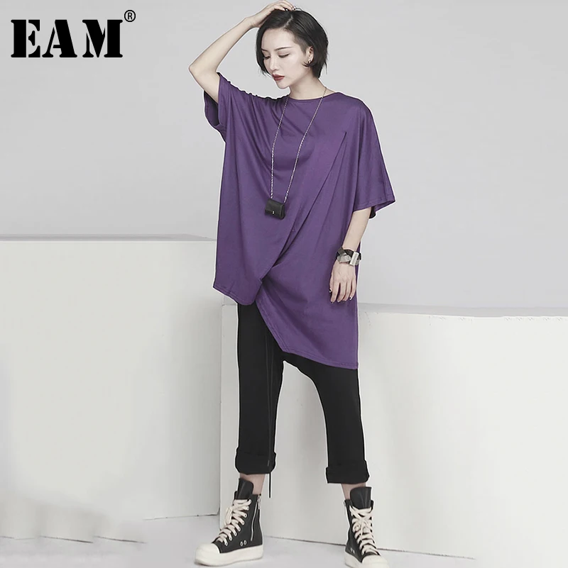 

[EAM] 2019 New Spring Summer Round Neck Half Sleeve White Irregular Stitch Fold Loose Big Size T-shirt Women Fashion Tide JW995