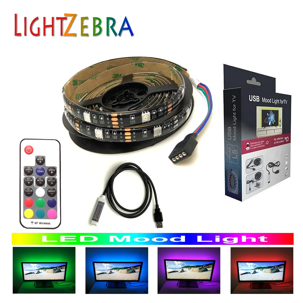 

LED strip backlight 5050 RGB 6.6ft 60 LEDs for TV PC monitor with RF wireless 17key remote controller 5V usb powered mood light