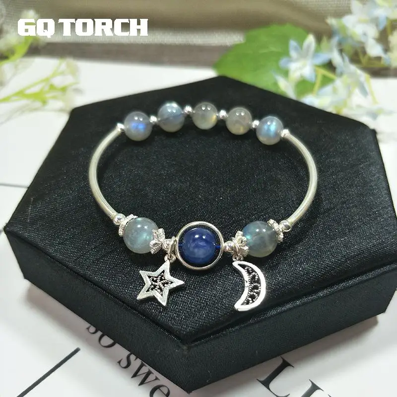 

Natural Blue Moonstone Bracelets For Women Real 925 Sterling Silver Jewelry Strawberry Crystal Rose Quartz Hand String