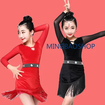

Latin Dance Dress Costume Ballroom Skirts 2020 Velvet For Girls Children Kids Women Salsa Cild Boy