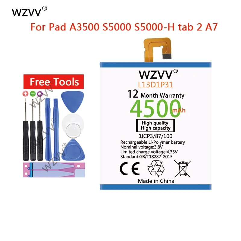 Wzvv 4500 мАч литий-полимерный аккумулятор L13D1P31 для lenovo Pad A3500 S5000 S5000-H tab 2 A7 A7-30 A7-10F A7-20F