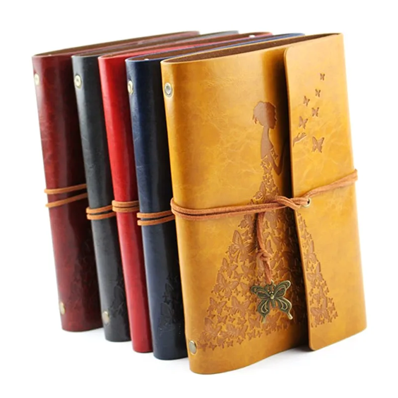

A6 Loose-leaf PU Leather Cover Retro Kraft Paper Strap Notebook with Creative Butterfly Blank Diary Book Notepad Sketchbook Gift