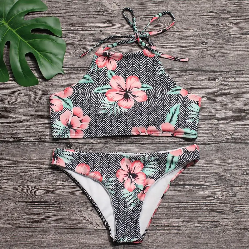 

NIDALEE Print Halter Striped Bikini Set Bowknot Summer Bathing Low Waist Sexy Swimming Suit Padded Wire Free Bandage Biquini