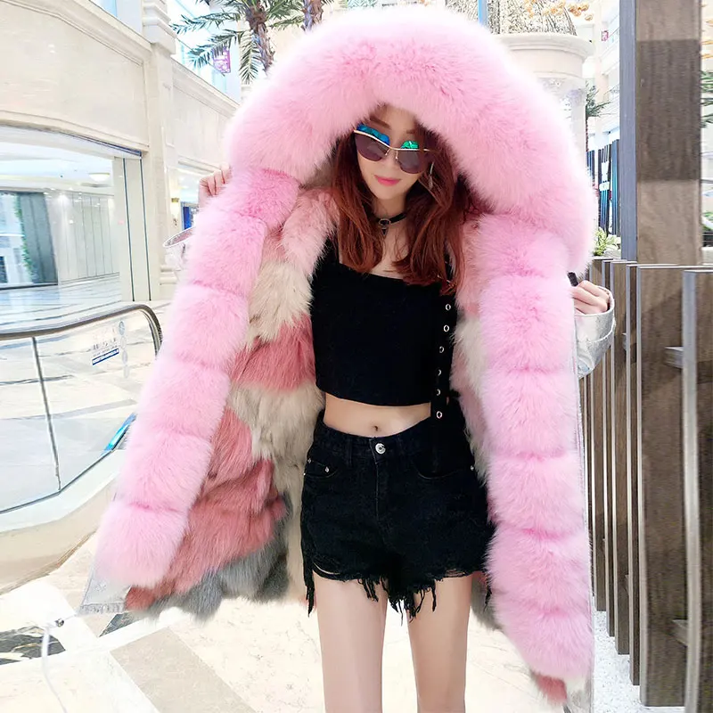 

2017 long denim winter jacket thick parkas natural real fox fur liner coat women outwear hooded pelliccia