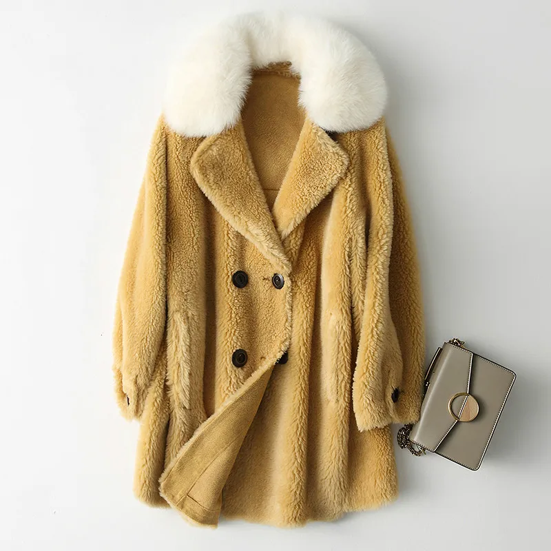 

Real Fur Coat Fox Fur Collar 100% Wool Jacket Autumn Winter Coat Women Clothes 2019 Korean Sheep Shearling Suede Lining YS896196