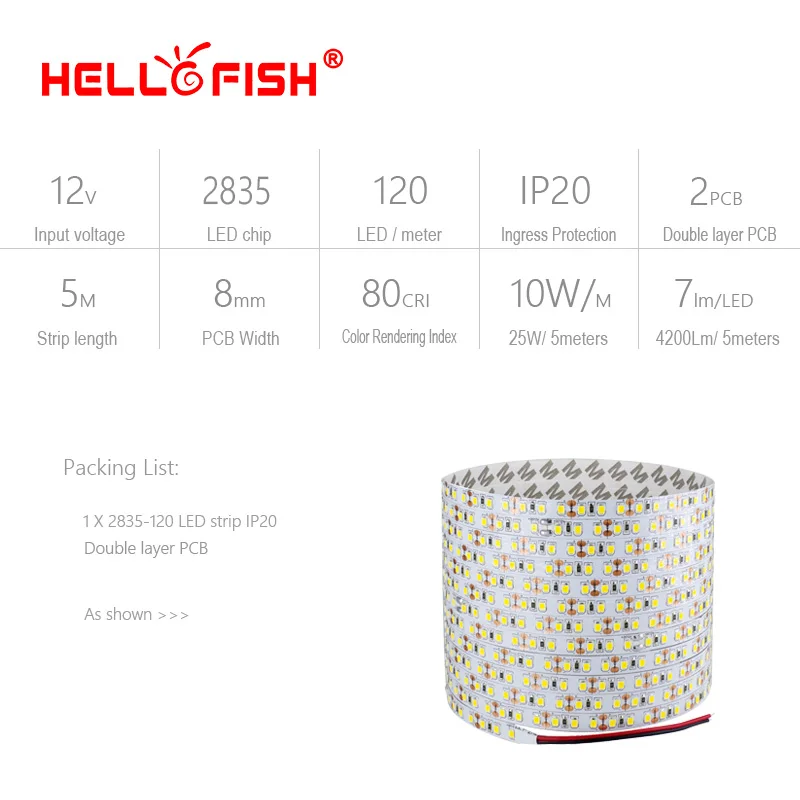 Светодиодная лента Hello Fish 2835 SMD 5 м 12 В гибкая светодиодная 600 белый/теплый