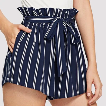 

Belted Ruffle Waist Striped Boho Shorts Women Navy High Waist Loose Bottom Shorts 2019 Summer Beach Casual Shorts