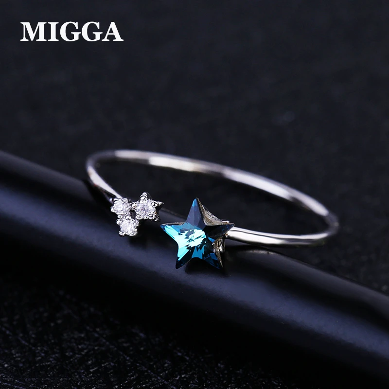 

MIGGA 2018 New SWA Element Blue Crystal Star Ring Adjustable Open CZ Zircon Bague for Women Girls Gift