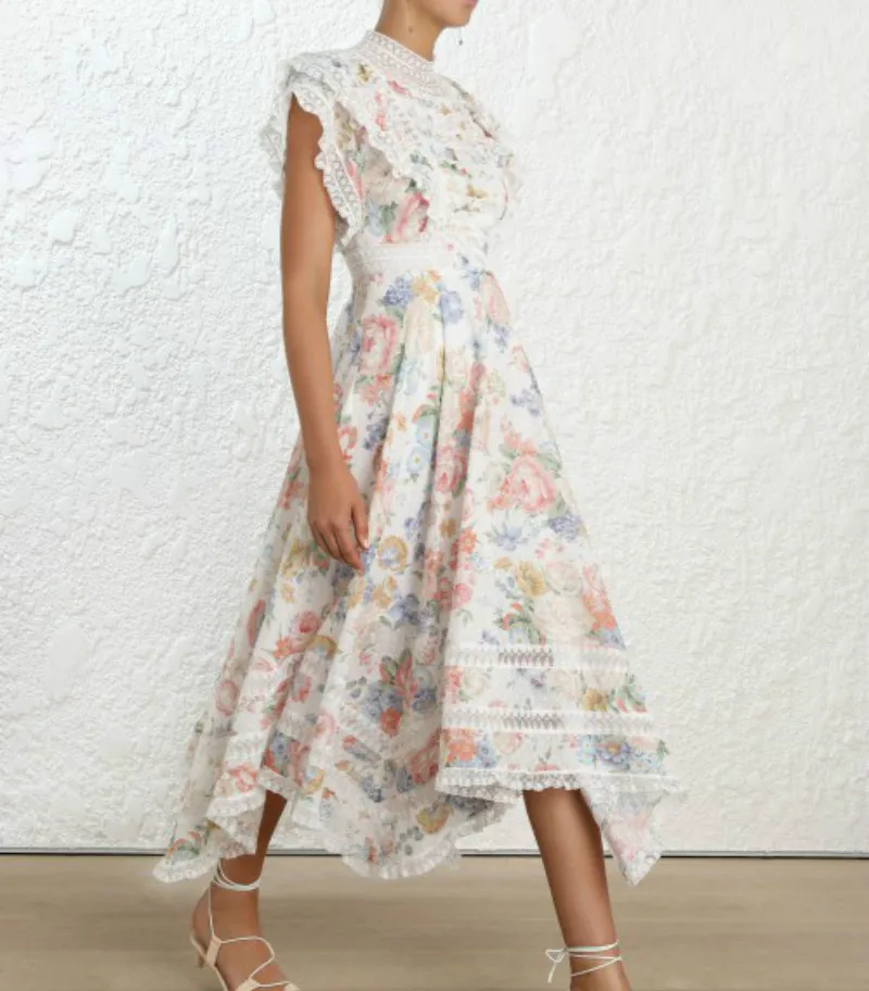 New Runway Women Maxi Long Dress Lace Patchwork Irregular Summer Ladies Luxury Ruffles Dresses High End Vocation Clothing