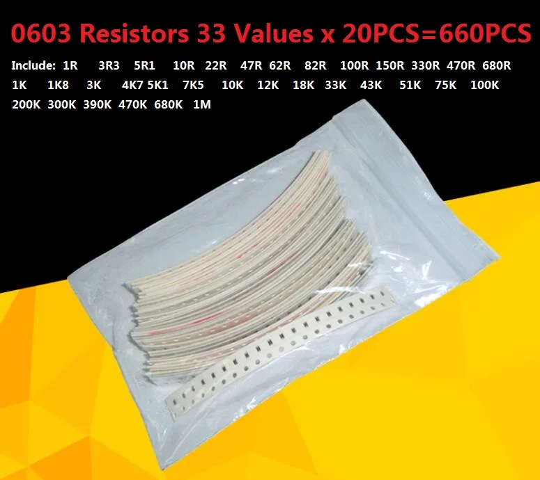 33 valuesx 20 штук = 660 шт. 0603 комплект резисторов Ассорти 1R до 1 м Ом 5% SMD образец набор "сделай сам" 3.3R 5.1R 10R 22R 47R 62R 82R 100R 1-10 K