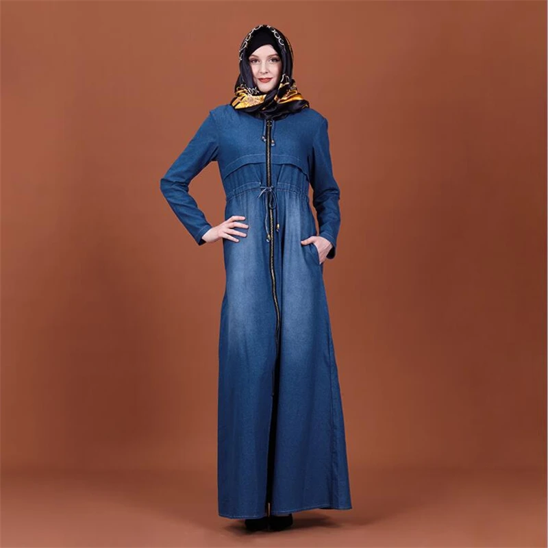 

Fashion hijab abaya jeans dress for muslim women 2019 long sleeve dubai fashion islamic clothing open front slim abaya female