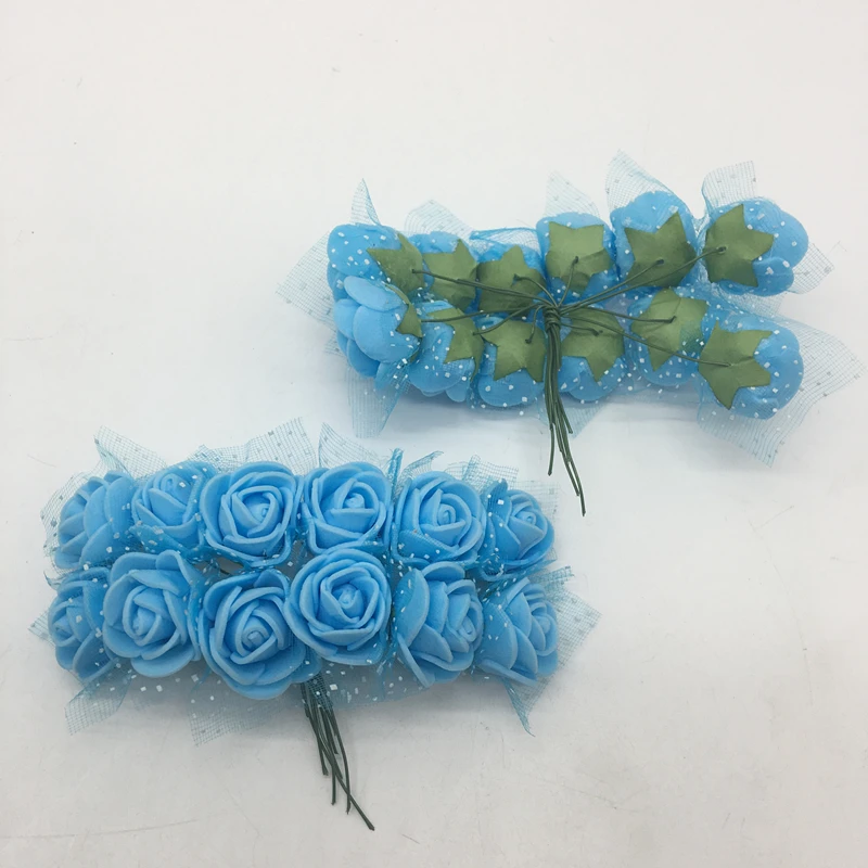 

24pcs Two Bundles Sky blue Mini Rose Foam Fake Flower Roses Head Artificial Flowers Wedding Party Christmas Decoration
