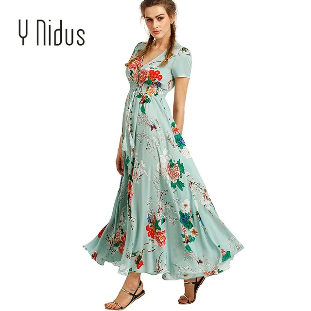 Y Nidus Women's Dresses Summer Dress 2018 Maxi Sundress Button Up Split Floral Print Flowy Evening Party Dresses vestidos