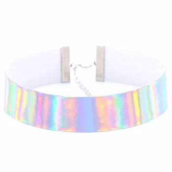 

KMVEXO Trendy Holographic Choker Necklace Women 2020 New PU Leather Chocker Handmade Laser Chocker Rainbow Punk Gothic Necklace