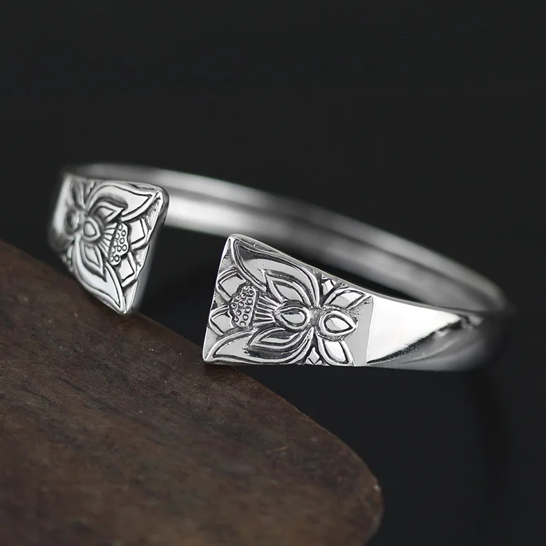 

925 Silver Jewelry Wholesale Retro-Ancient Carved Open Bracelet Literature and Art Intellectual Ethnic Style Female Style