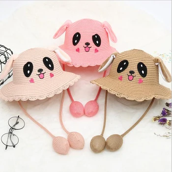 

2019 Children Accessories Sun Girls Boys Baby Straw Summer Cap Funny Rabbit Ears Sunhat Wide Brim Hat Cartoon Beach Caps