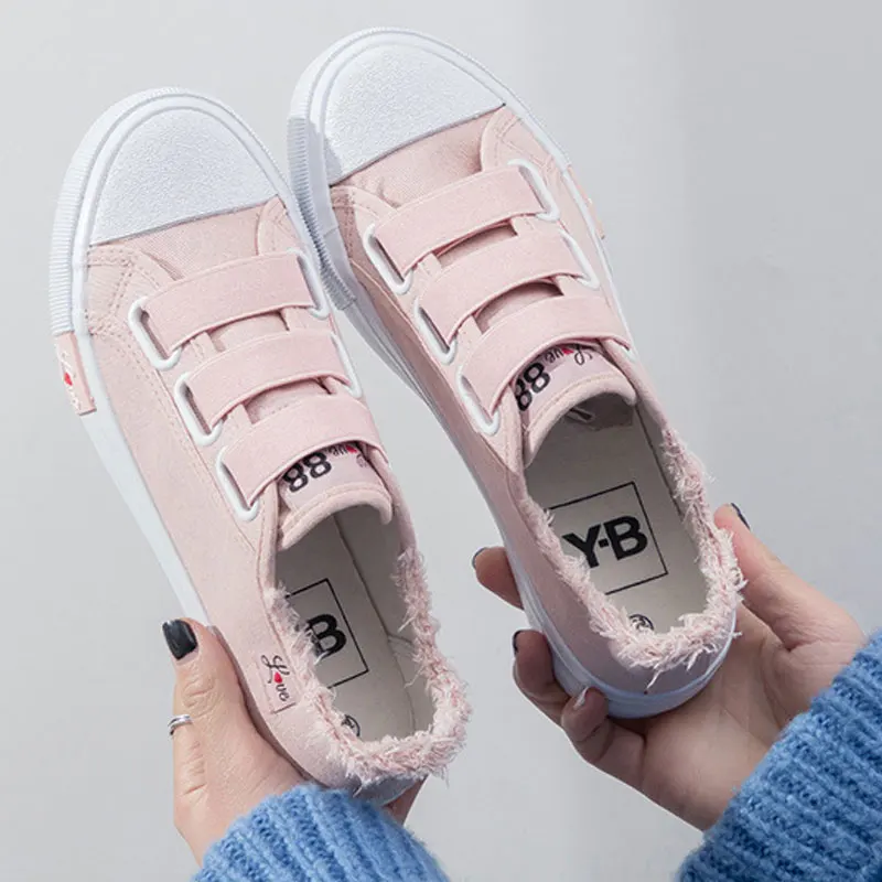 Tanie Płócienne buty kobieta 2019 moda wygodne letnie mieszkania buty kobieta hook loop oddychające sneakersy damskie buty wulkanizowane