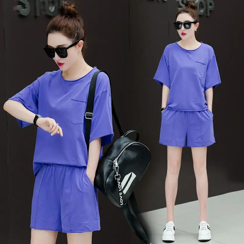 

Blue Plus Size Outfit Big Tracksuits for Women Short Top Pants 2 Piece Set Sportswear Co-ord Sets 2019 Summer Loose Clothing