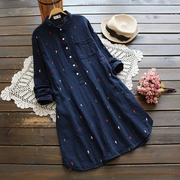 

2018 Spring Autumn Women Dress Mori Girl Loose Turn down Collar Dot Embroidery Long Sleeve Shirt Dress vestidos femininos female