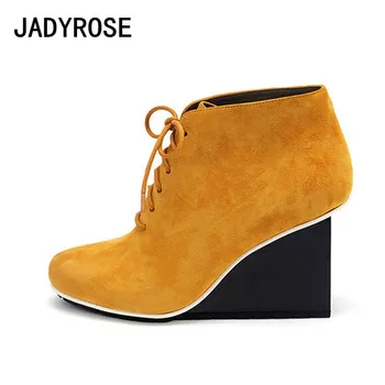 

Vintage Design Women Short Ankle Boots Yellow Suede Winter Chelsea Booties Pointed Toe Ladies Botines Mujer Lace Up Zapatillas