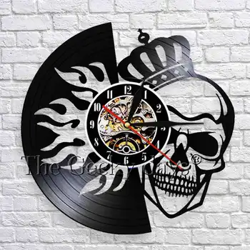 

Death King Skull Wearing Crown Wall Clock Vintage Vinyl Record Wall Clock 3D Wall Watches Unique Gift Idea For Halloween