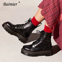 Baimier Black Patent Leather Ankle Boots For Women Lace Up Platform Boots Women Winter Warm Plush Women Boots Street Style Shoes