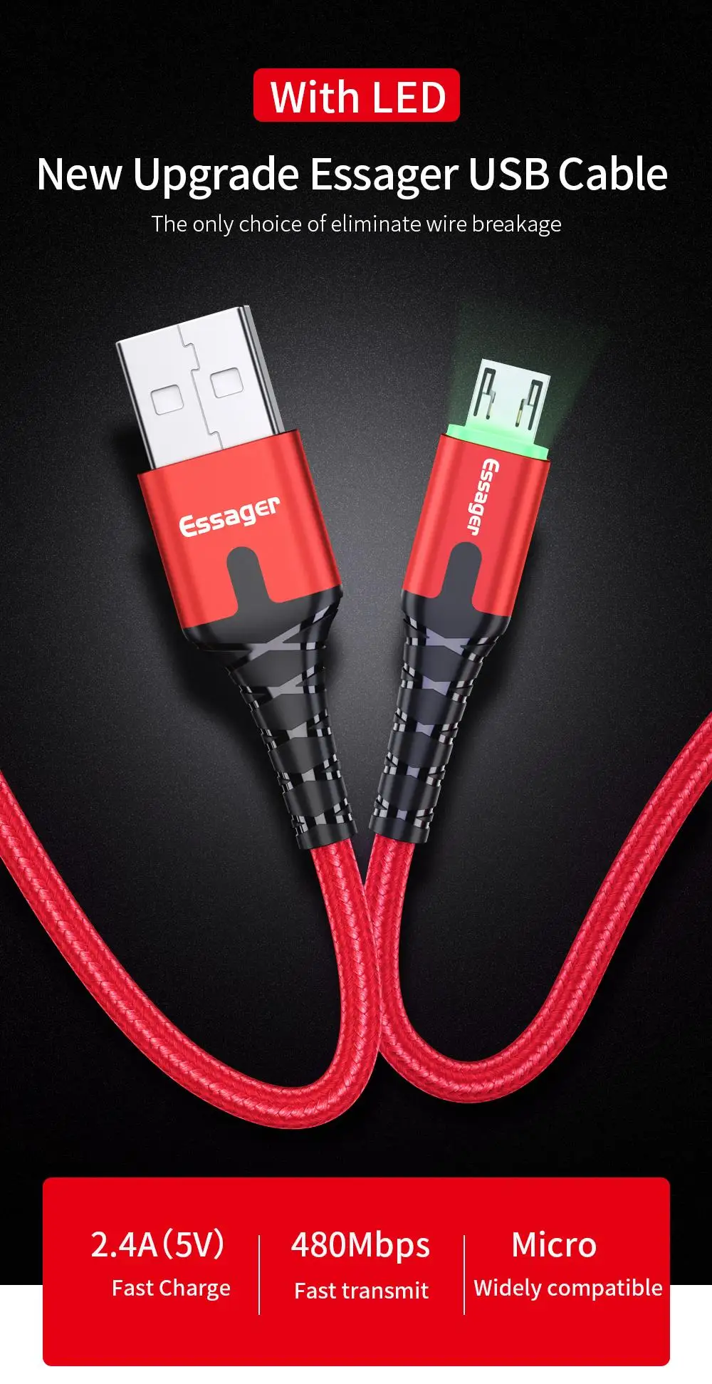 Essager светодиодный микро-usb кабель 3 м 2.4A быстрой зарядки для samsung QC2.0 USB кабель для передачи данных Micro USB кабель Microusb для Xiaomi Android телефонный шнур