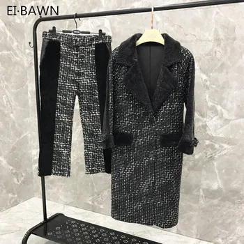

2020 women two piece set top and pants for women shearling coat genuine leather jacket women wool pants Woolen stitching coat