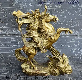 

Old Chinese Dynasty Pure Bronze Dragon Warrior GuanGong GuanYu Ride Horse Statue