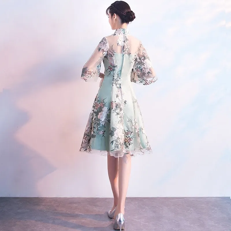 Плюс размер XS-3XL китайский женский элегантный короткий Чонсам Новинка вышивка цветок Летнее платье Ципао Сексуальное Тонкое Повседневное платье для девочки