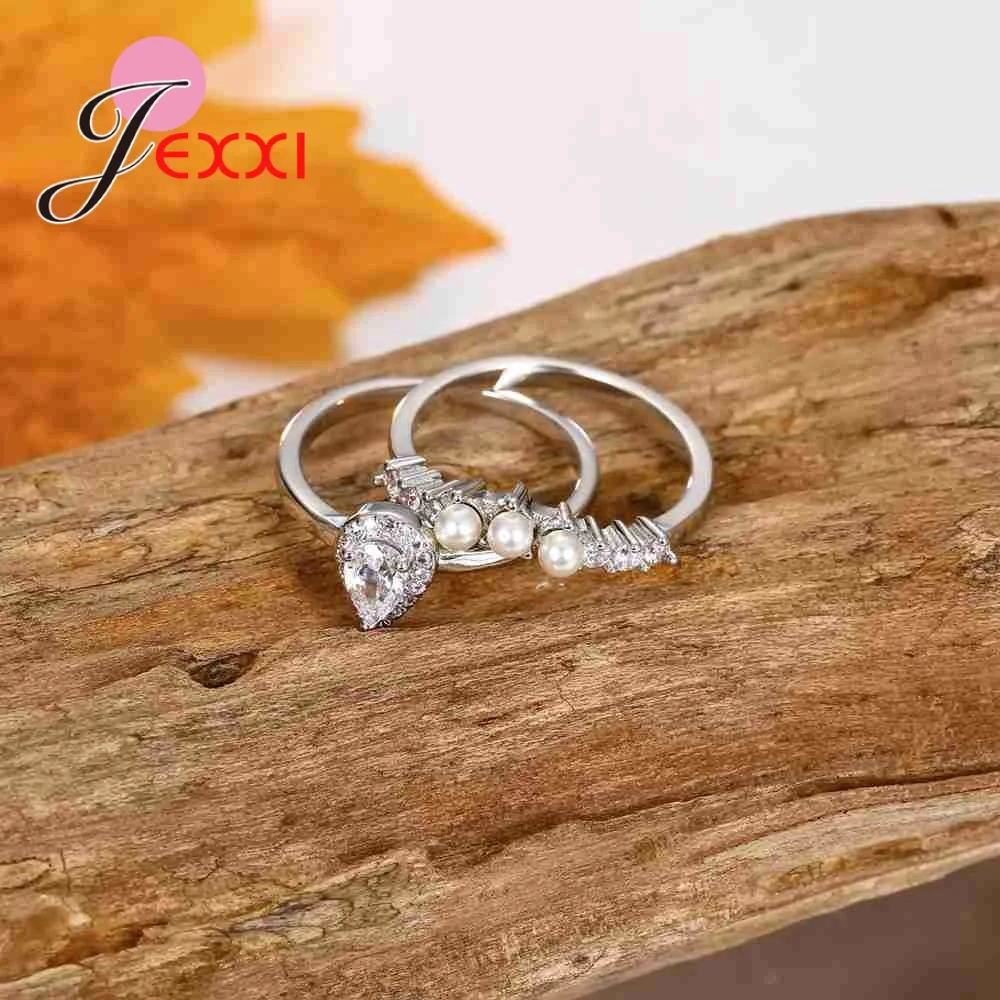 Jexxi великолепный Мода 2 кольца набор для Для женщин свадебные Обручение Юбилей вечерние украшение на палец 925 пробы серебро Лидер продаж