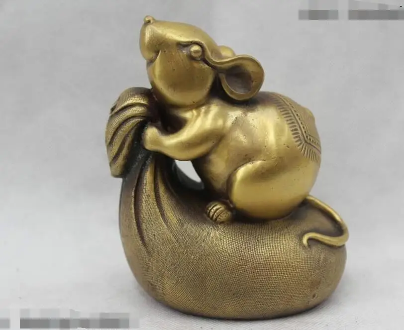 

free 6"Chinese Folk Feng Shui Brass Lifelike Money drawing Gold bag mouse Statue fast