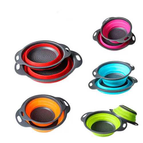

2pcs/Set Kitchen Foldable Collapsible Silicone Colander Fruit Vegetable Strainer Basket wash Cookware