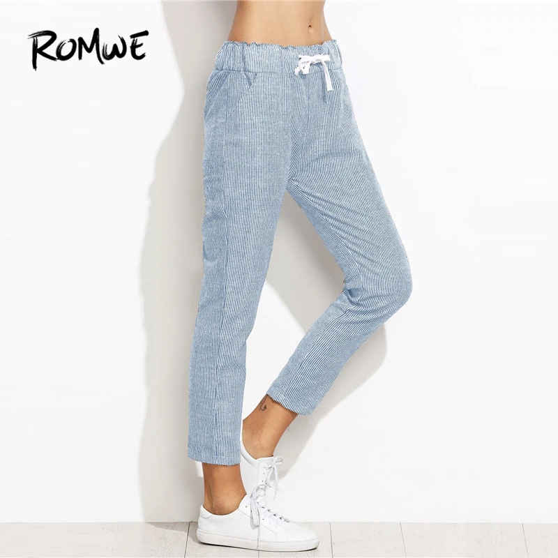 

ROMWE Vertical Striped Drawstring Waist Pants 2019 Blue Comfy Spring Autumn Straight Leg Pants Women Mid Waist Trouser